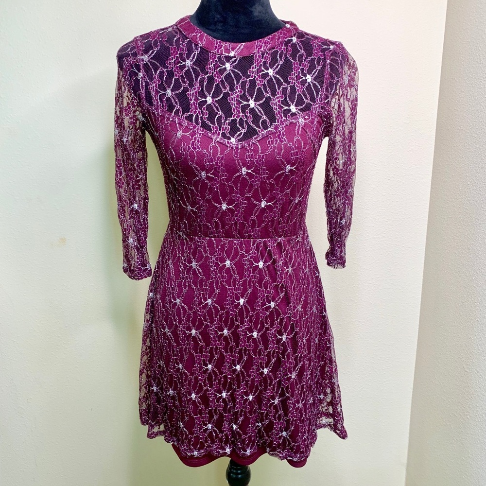 Fun flirty burgundy & silver lace dress